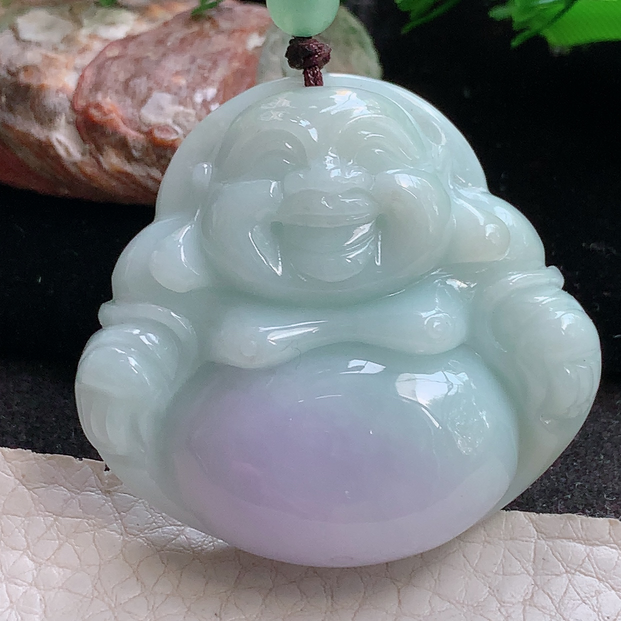 zen实拍42.6*45.5*12.8缅甸翡翠a货精雕飘紫饱满佛公 弥勒佛玉吊坠 玉挂件