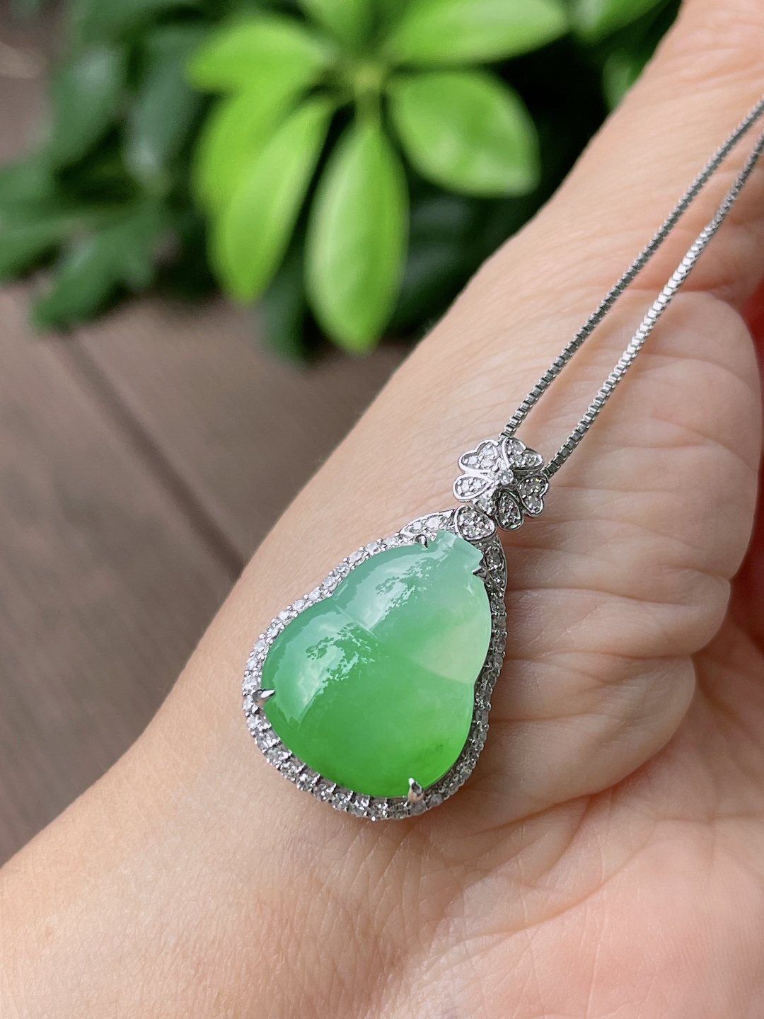 ️ 绿花葫芦 花色灵动，油润冰胶，18k金镶嵌 整体：28.8/17/9.7 裸石：18.6/14.6