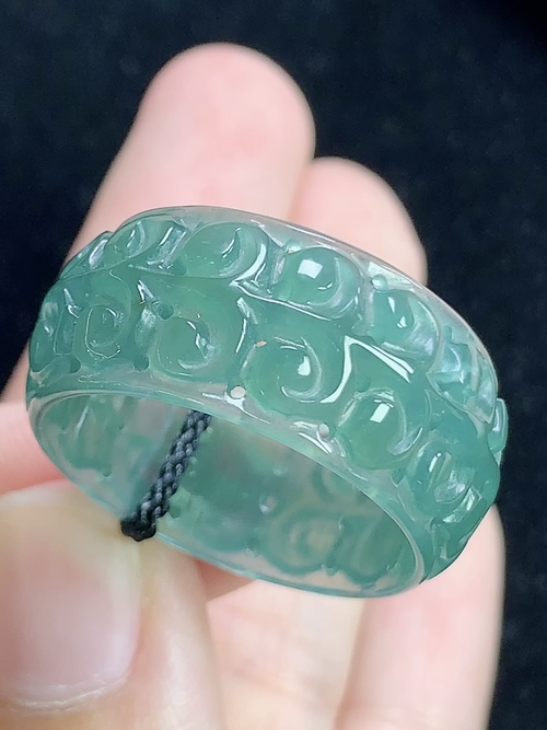 蓝水雕花玉扳指，无裂，内径尺寸23.2-12.3-3.0mm，30号手寸，L01apt