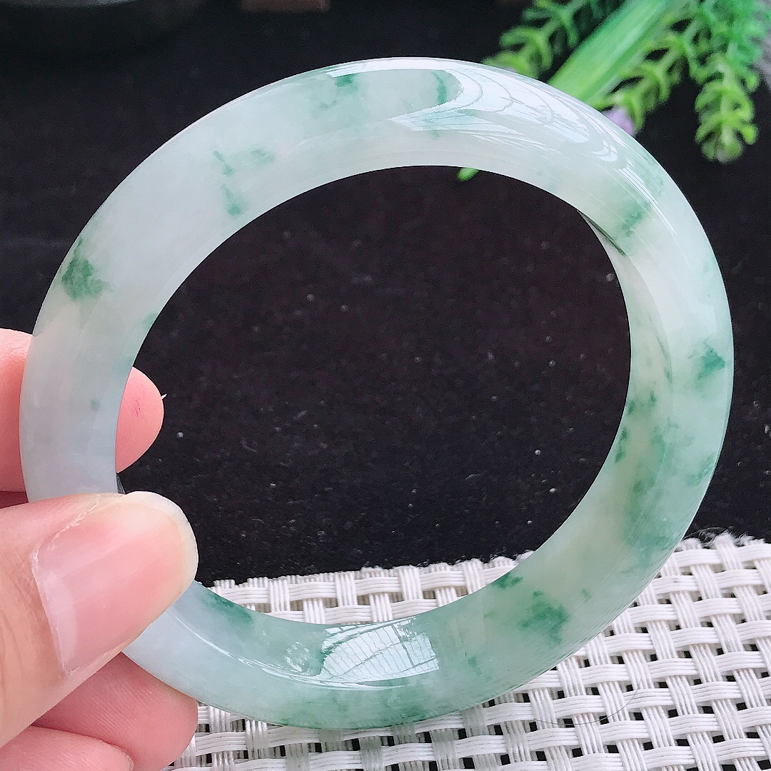 实拍A货翡翠58/12.7/9.2老坑冰胶冰飘花手镯玉手镯女款平安镯厚装