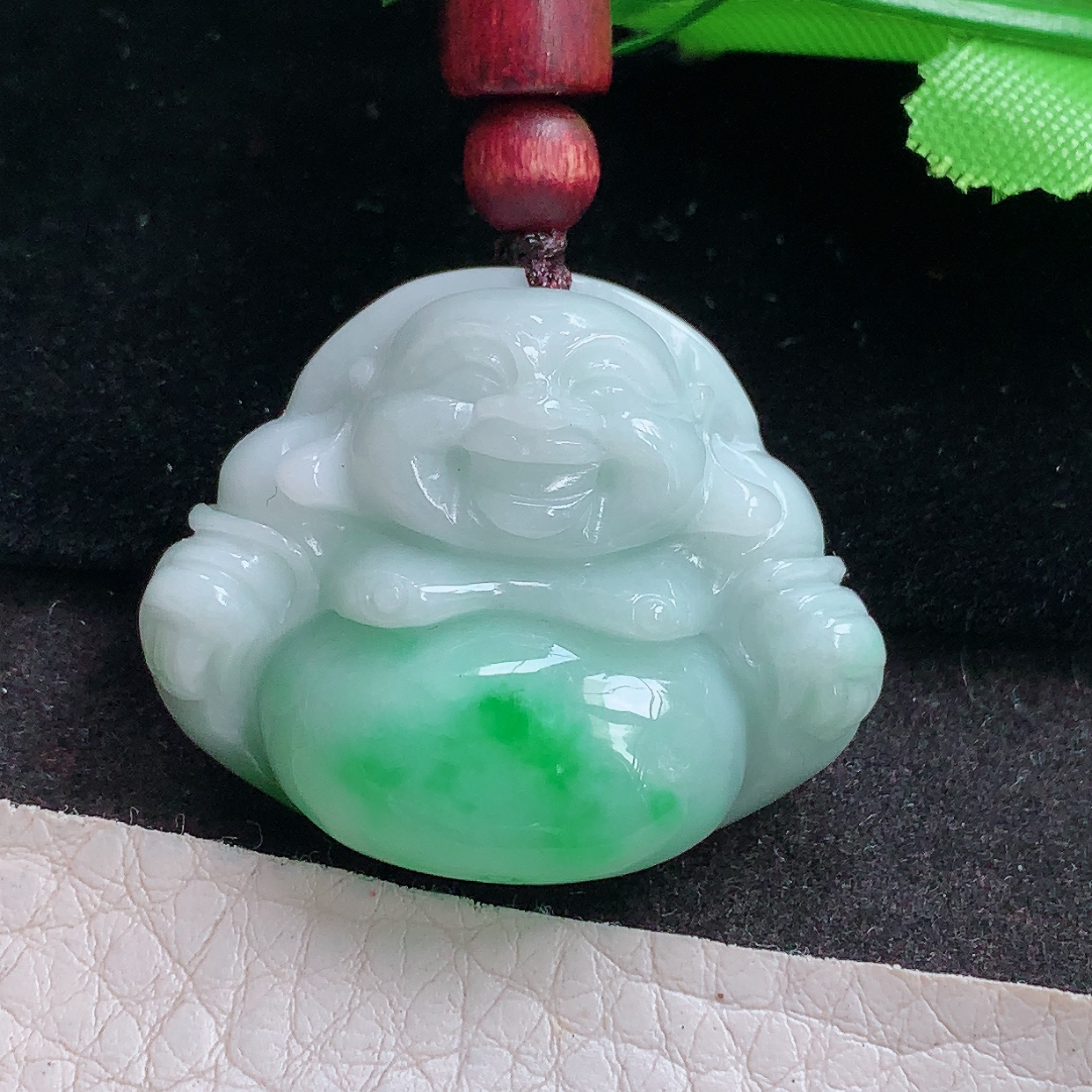 zen实拍29.5*35*12.2缅甸翡翠a货精雕飘绿饱满佛公 弥勒佛玉吊坠 玉挂件