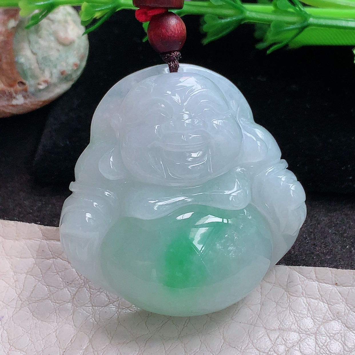 zen实拍38.5*38.5*12.8缅甸翡翠a货精雕白底青饱满佛公 弥勒佛玉吊坠 玉挂件