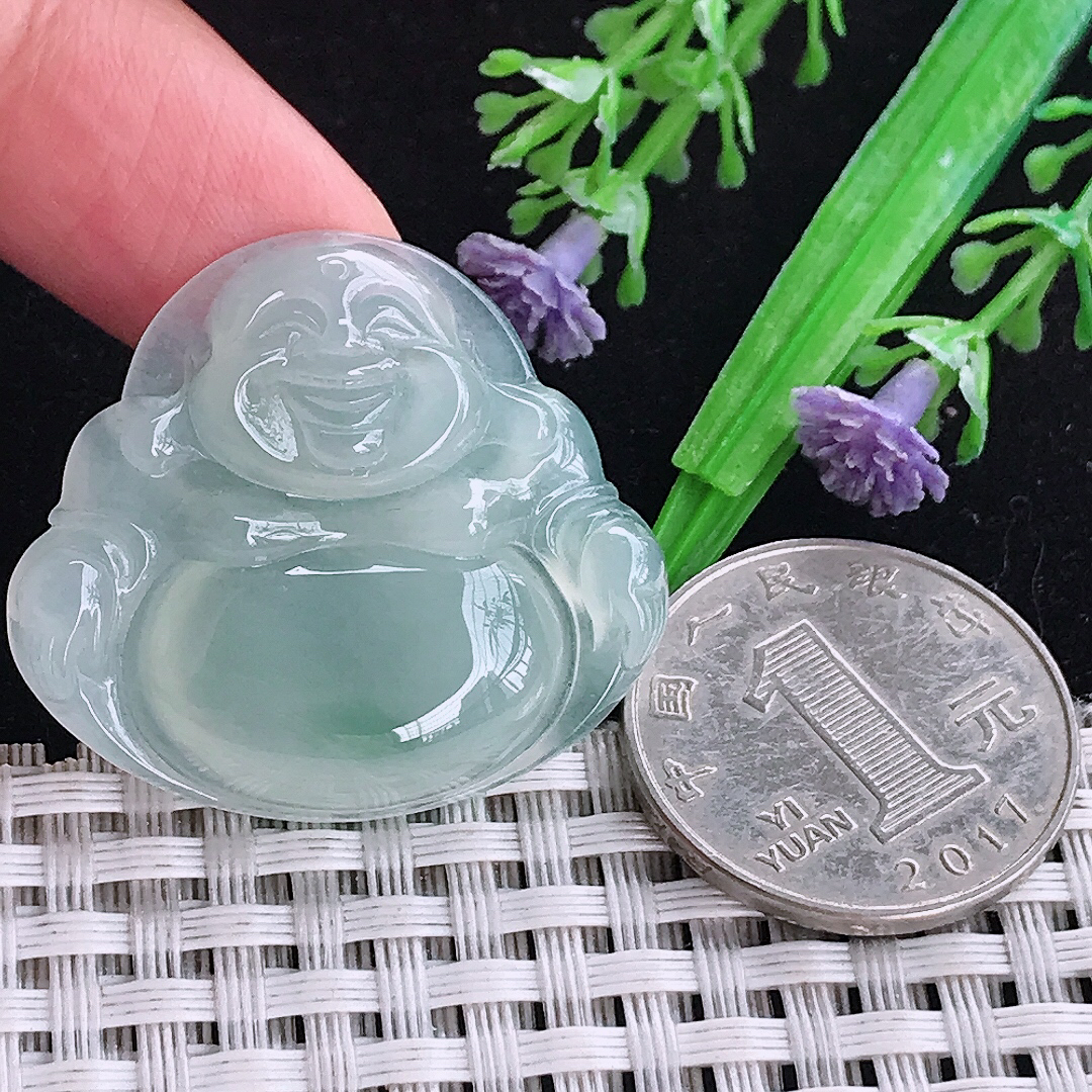 实拍A货翡翠31.5/35.2/6.3老坑冰胶冰飘花佛公吊坠翡翠玉佛挂件