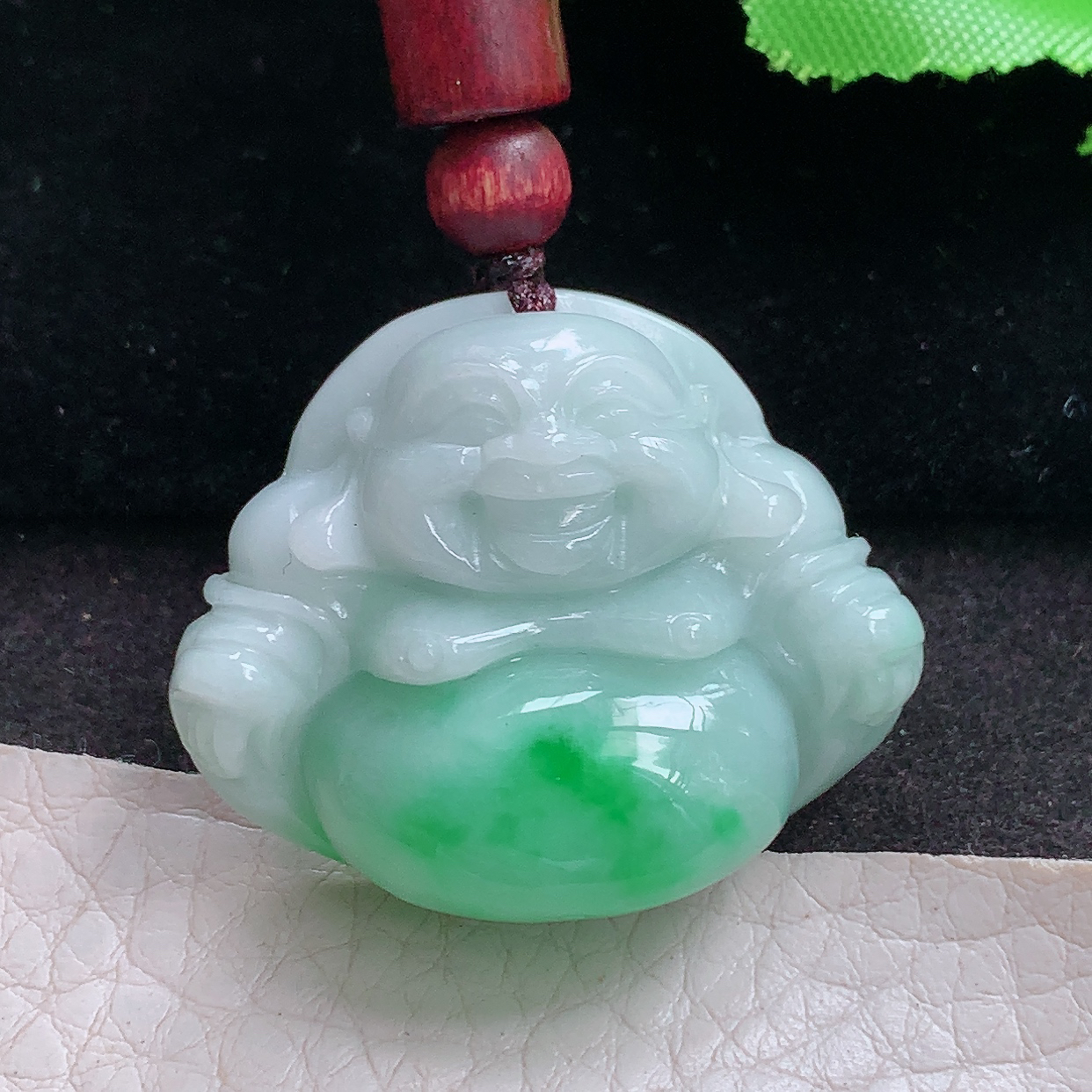 zen实拍29.5*35*12.2缅甸翡翠a货精雕飘绿饱满佛公 弥勒佛玉吊坠 玉挂件