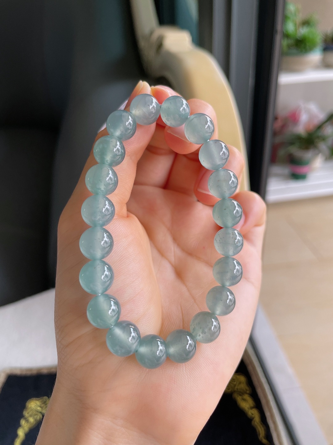 天然翡翠A货，冰蓝水手串，尺寸：10mm。【编3776】