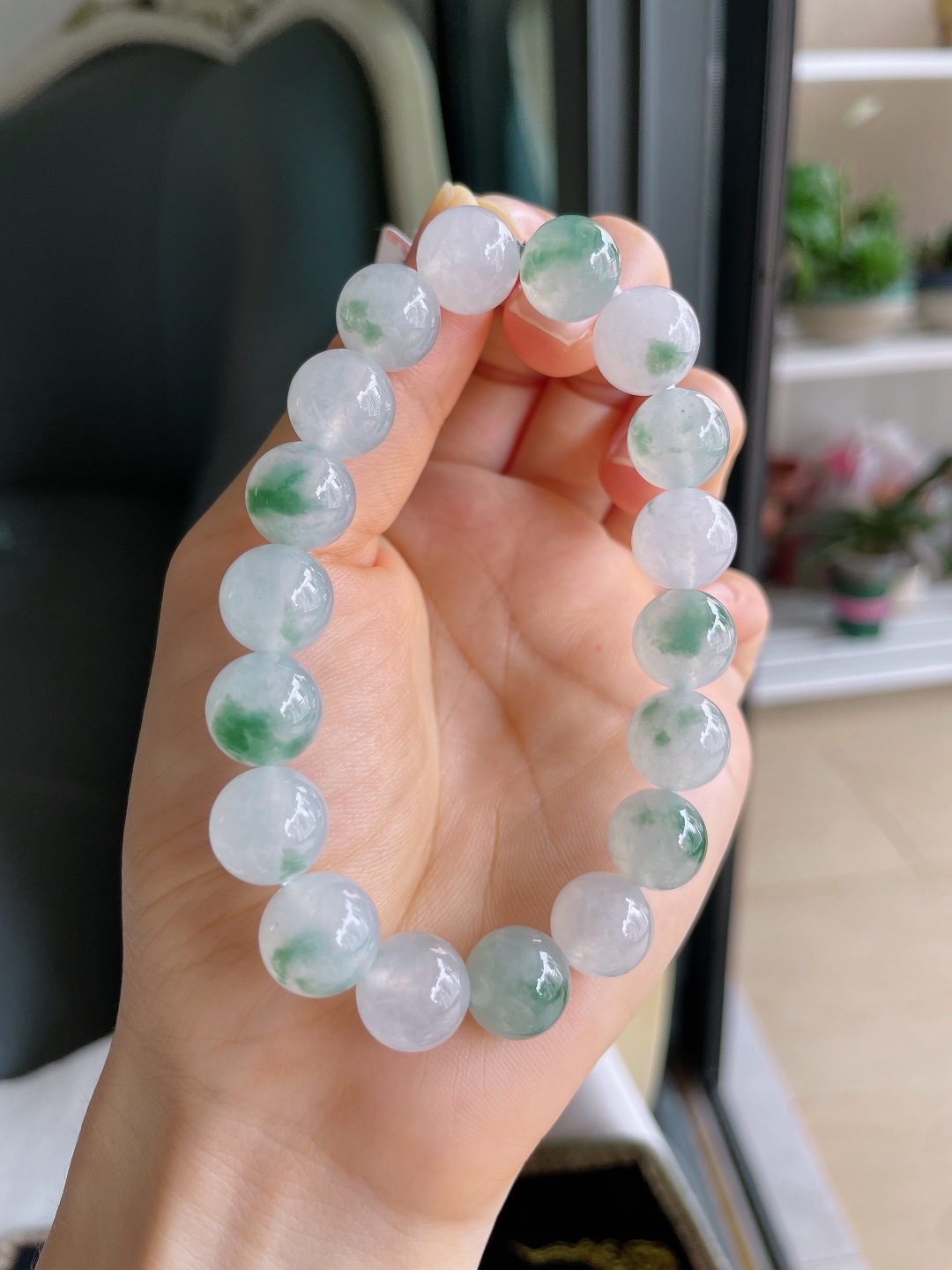 天然翡翠A货，冰飘花手串，尺寸：11.6mm。【编3780】