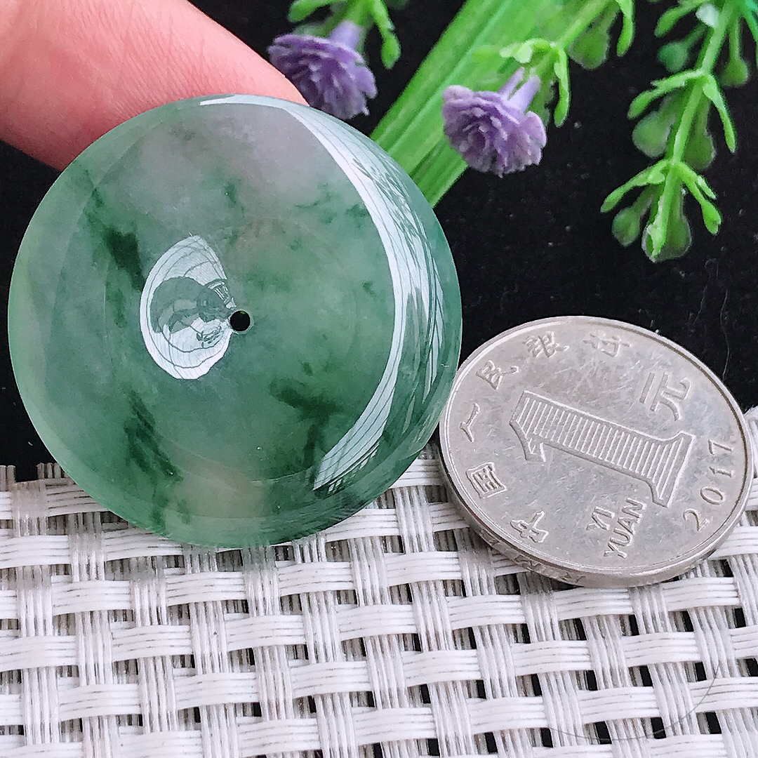 实拍A货翡翠34/5.6老坑果冻胶冰飘花平安扣吊坠翡翠玉扣挂件