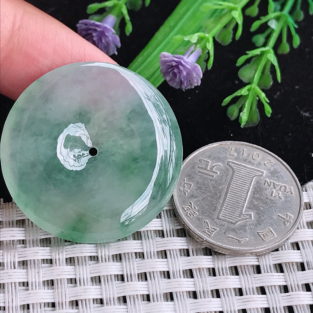 实拍A货翡翠33/5.9老坑冰种果冻冰晴飘花平安扣吊坠翡翠玉扣挂件