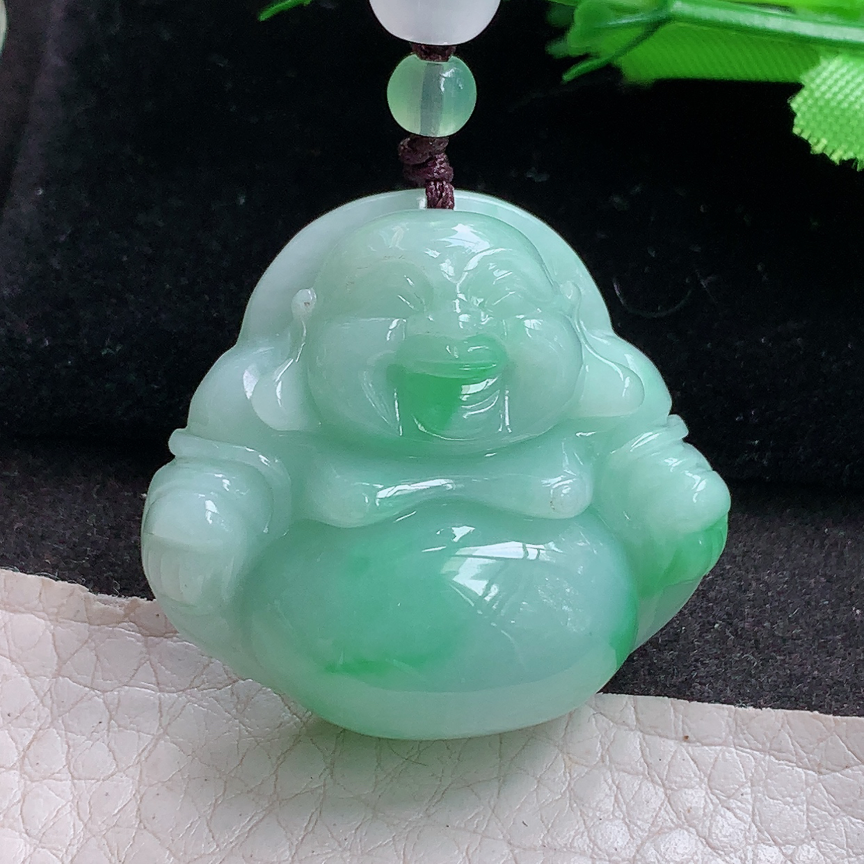 zen实拍34.3*37*12.5缅甸翡翠a货精雕飘绿饱满佛公 弥勒佛玉吊坠 玉挂件