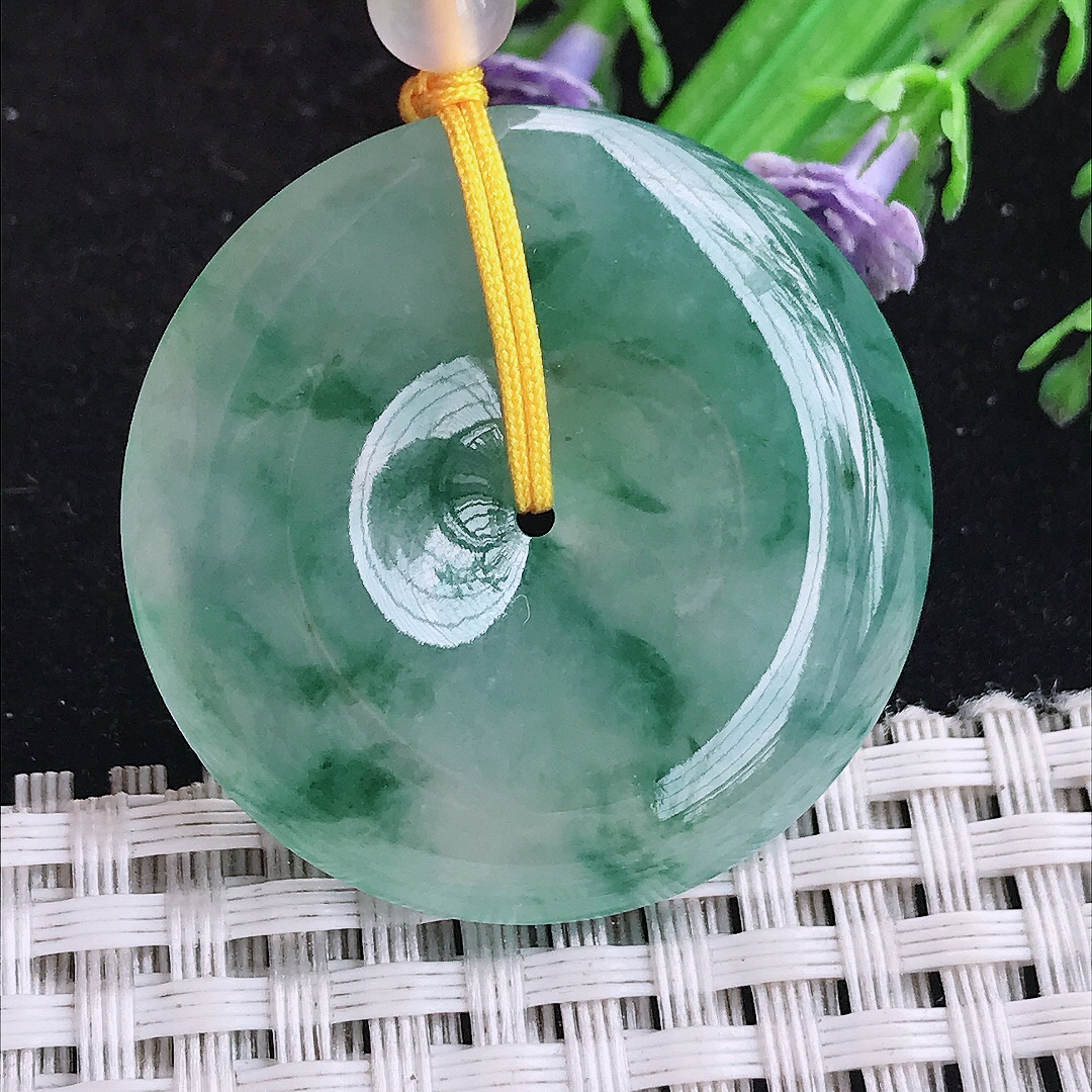 实拍A货翡翠33/5.9老坑冰胶果冻冰飘花平安扣吊坠翡翠玉扣挂件