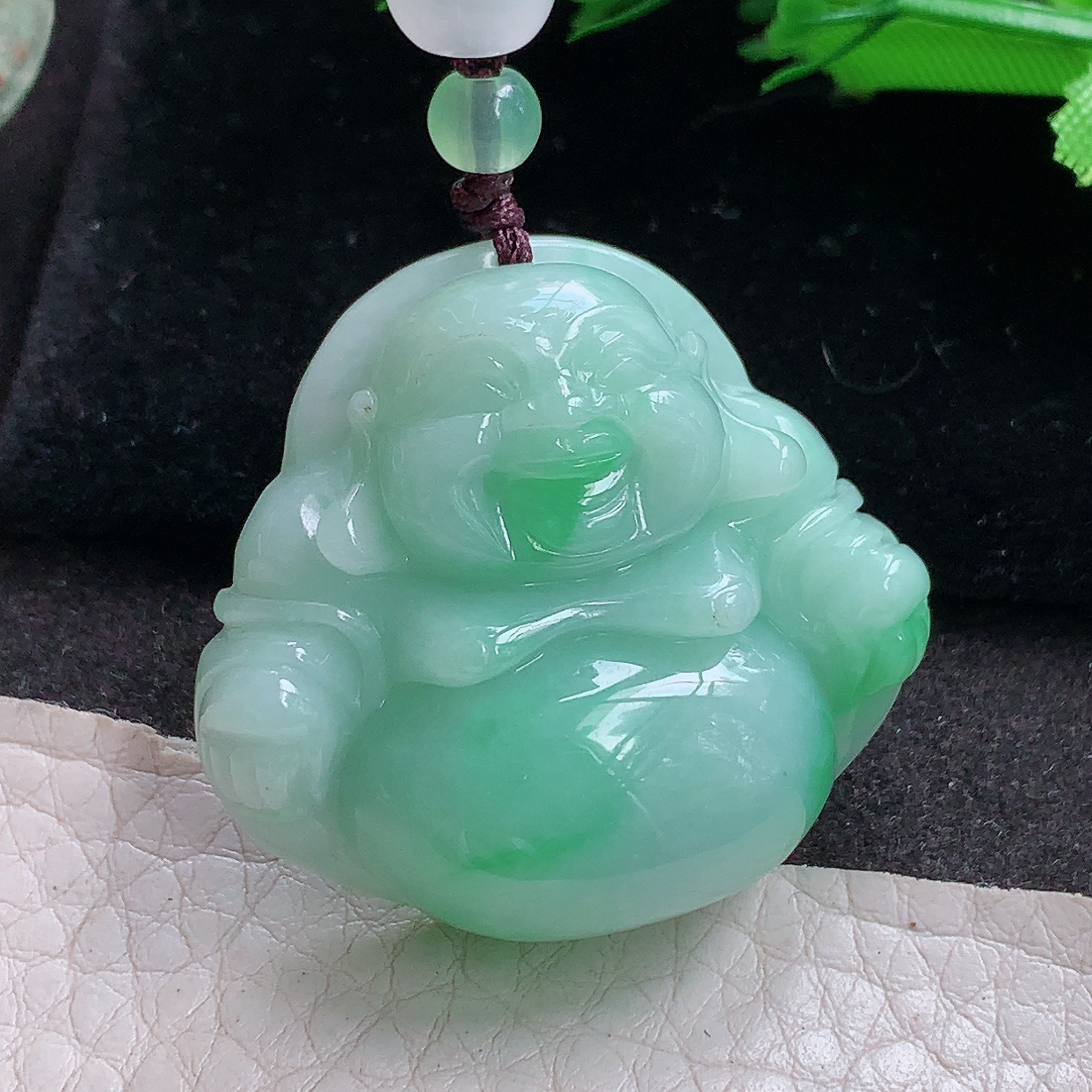 zen实拍34.3*37*12.5缅甸翡翠a货精雕飘绿饱满佛公 弥勒佛玉吊坠 玉挂件