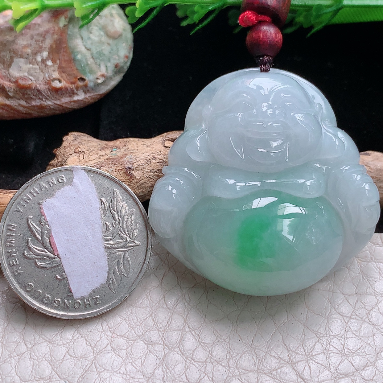 zen实拍38.5*38.5*12.8缅甸翡翠a货精雕白底青饱满佛公 弥勒佛玉吊坠 玉挂件