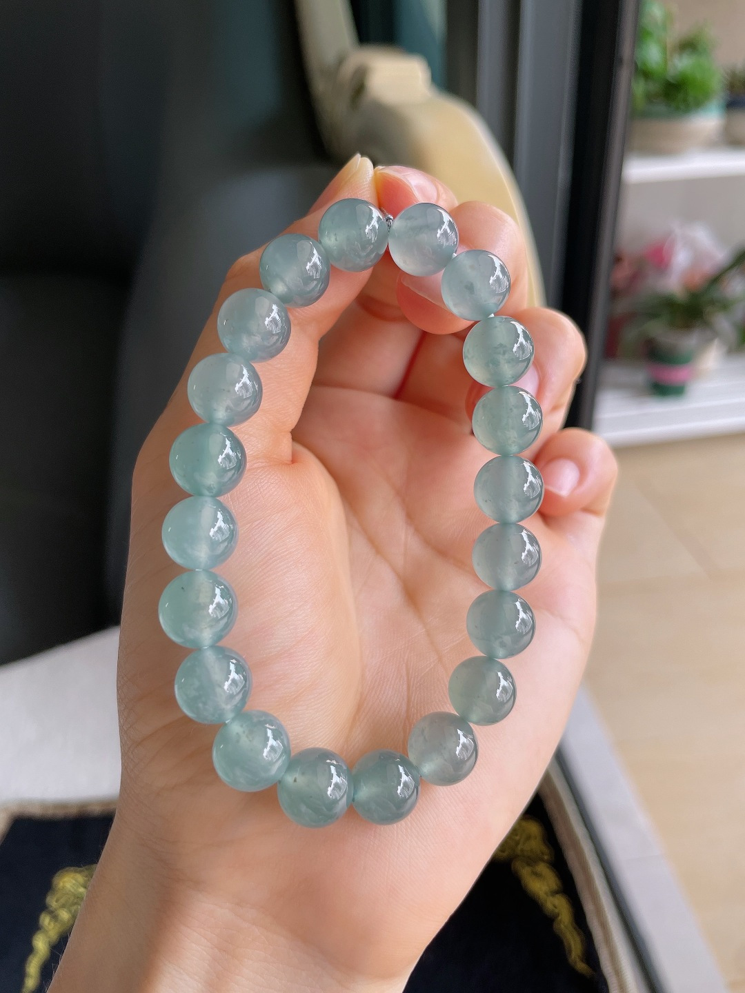 天然翡翠A货，冰蓝水手串，尺寸：10mm。【编3776】