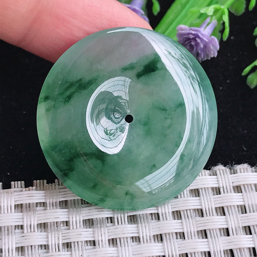 实拍A货翡翠34/5.6老坑果冻胶冰飘花平安扣吊坠翡翠玉扣挂件