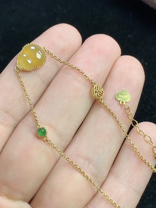 18k金镶冰黄翡葫芦手链，裸石尺寸9.4-9.0-2.8mm，L02sag