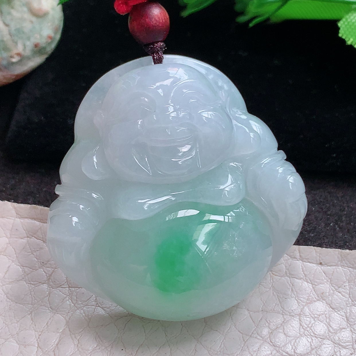 zen实拍38.5*38.5*12.8缅甸翡翠a货精雕白底青饱满佛公 弥勒佛玉吊坠 玉挂件