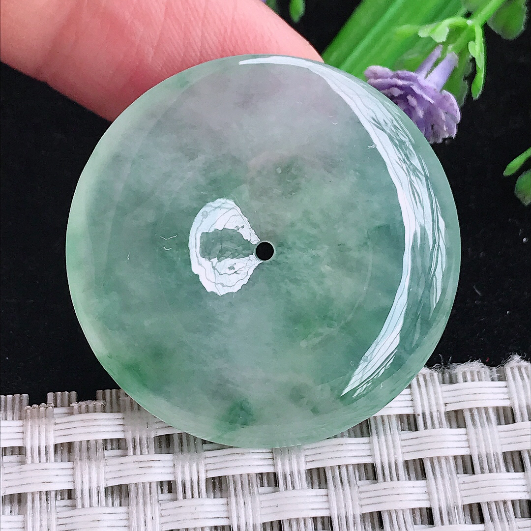 实拍A货翡翠33/5.9老坑冰种果冻冰晴飘花平安扣吊坠翡翠玉扣挂件