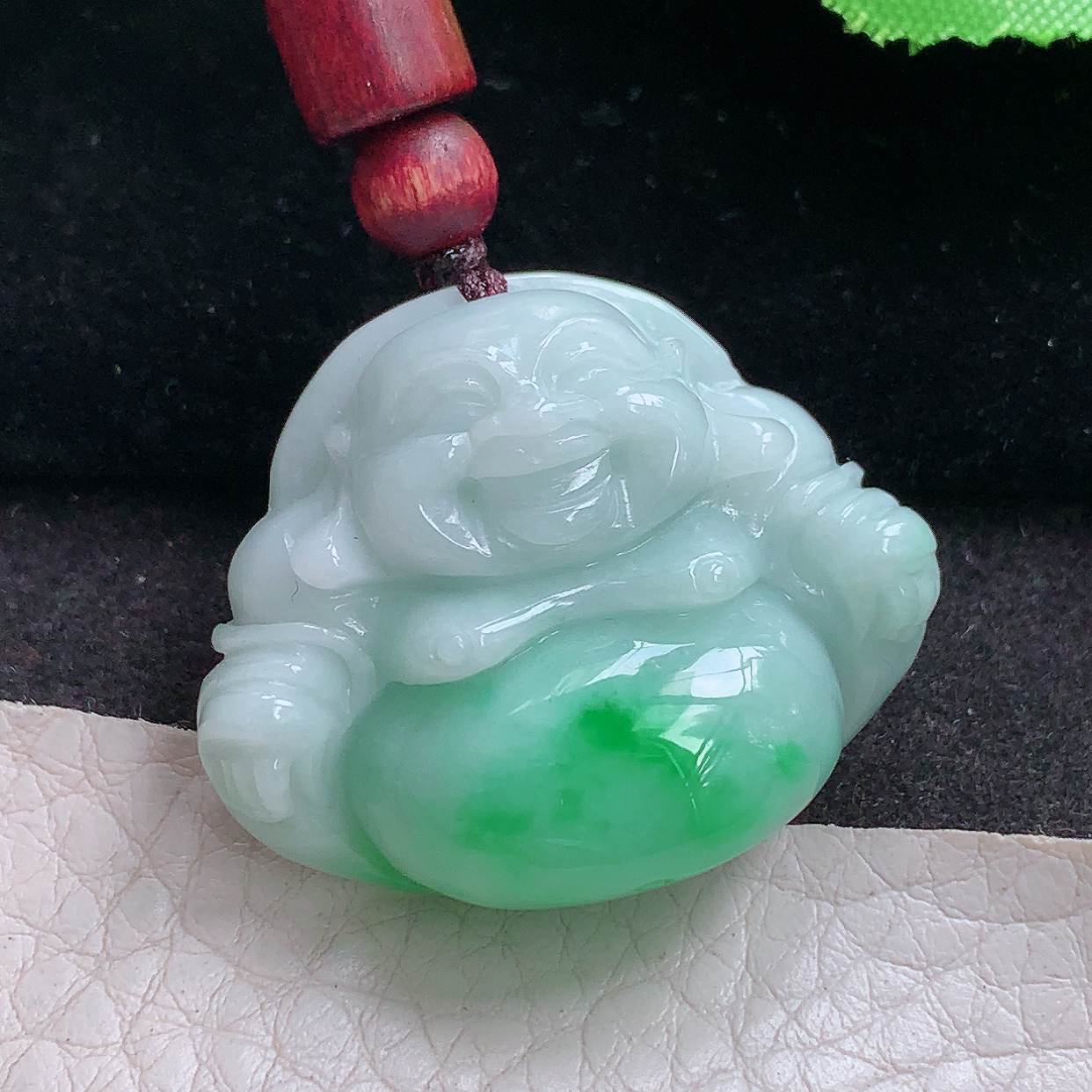 zen实拍29.5*35*12.2缅甸翡翠a货精雕飘绿饱满佛公 弥勒佛玉吊坠 玉挂件