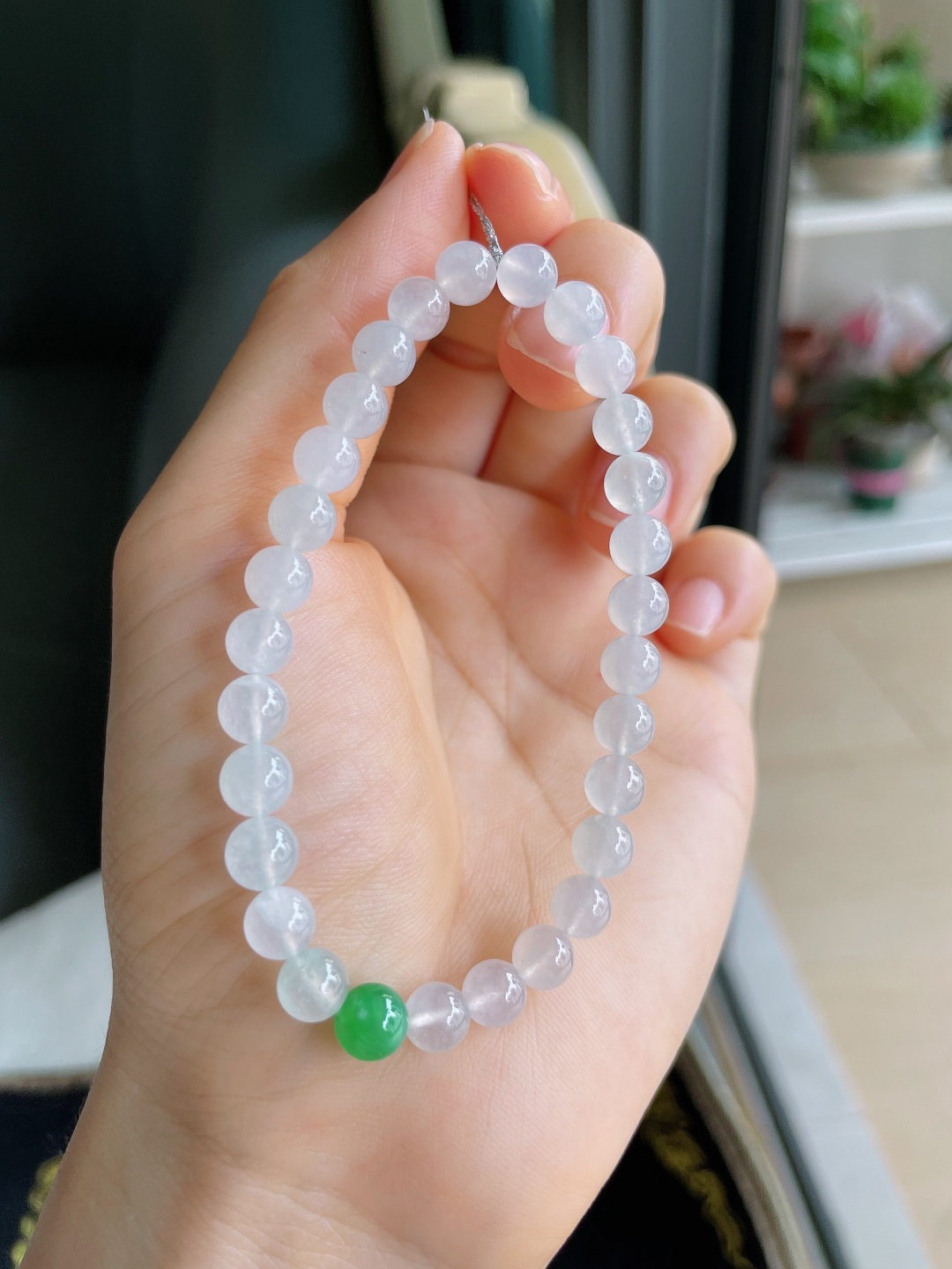 天然翡翠A货，冰种白冰手串，尺寸：6.2mm。【编3540】