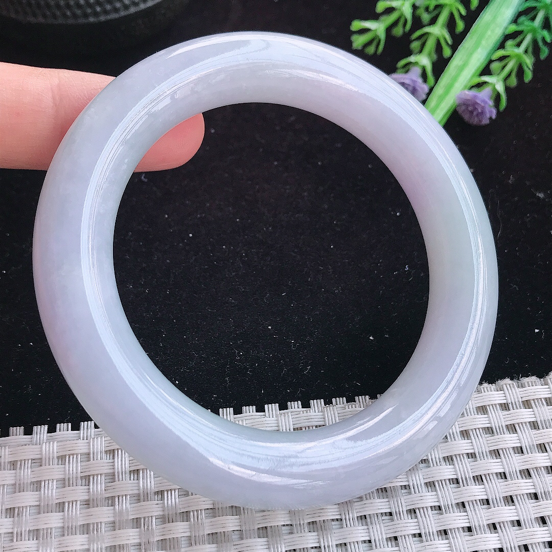 实拍A货翡翠57/12.2老坑冰润起胶紫罗兰圆条手镯玉手镯女款平安镯