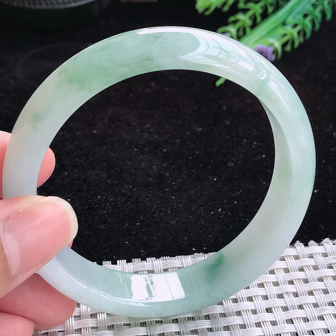 实拍A货翡翠59.5/14.3/7.8老坑冰胶飘花手镯玉手镯女款平安镯