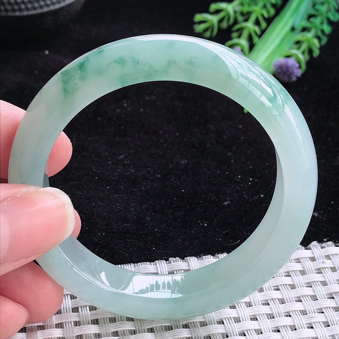 实拍A货翡翠51.5/12.2/8.2小圈口老坑冰胶飘花手镯蓝花女款平安镯