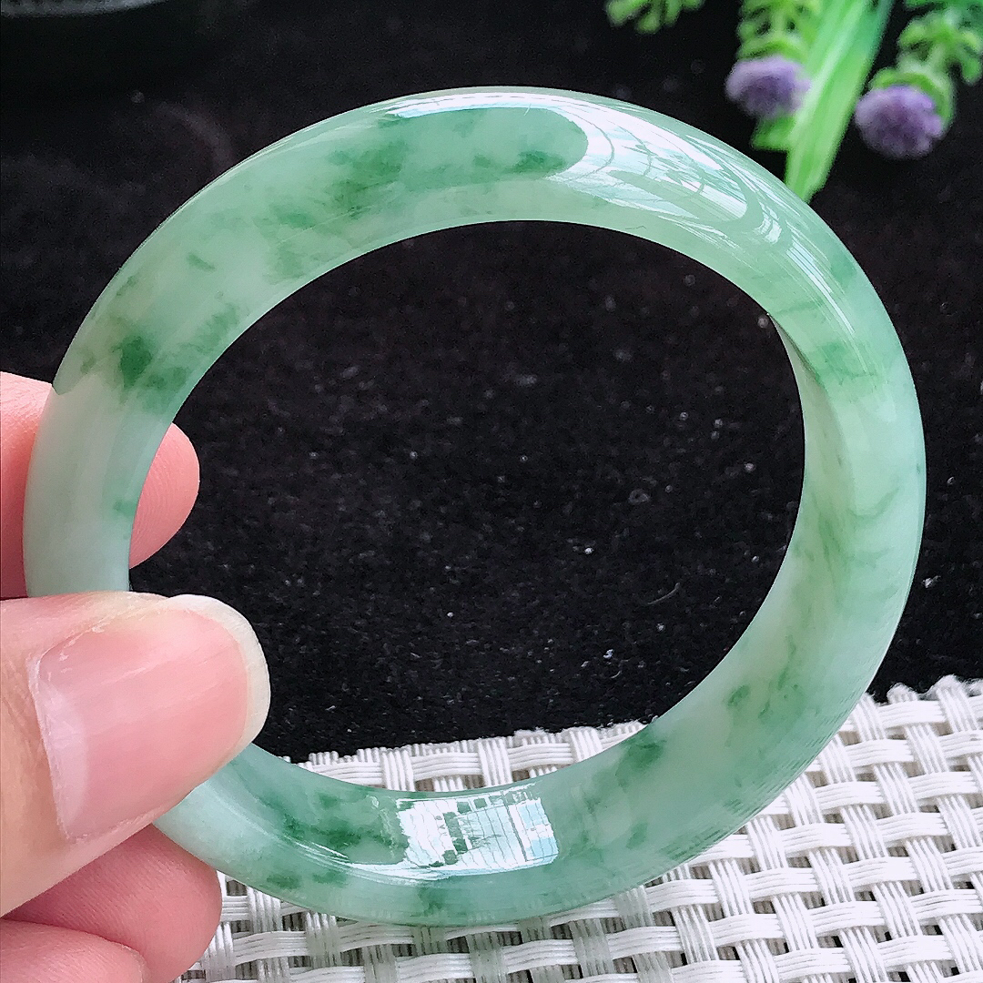 实拍A货翡翠52.5/13.5/7.5小圈口老坑冰胶飘绿花手镯玉手镯女款平安镯