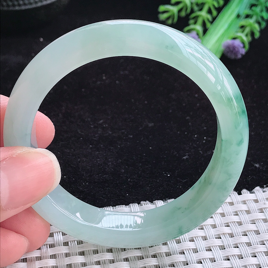 实拍A货翡翠51.5/12.2/8.2小圈口老坑冰胶飘花手镯蓝花女款平安镯