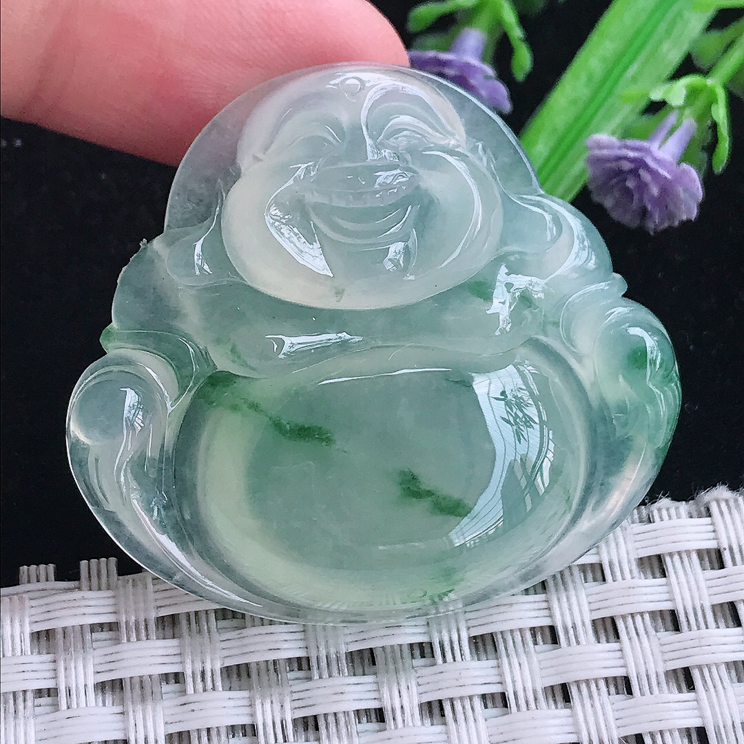 实拍A货翡翠38/41.5/8.1老坑冰种冰晴飘花佛公吊坠翡翠笑佛挂件大佛公
