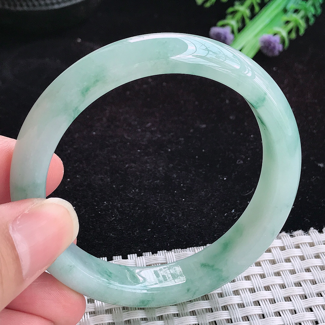 实拍A货翡翠54.5/12.1/7.8老坑冰胶飘花手镯玉手镯女款平安镯
