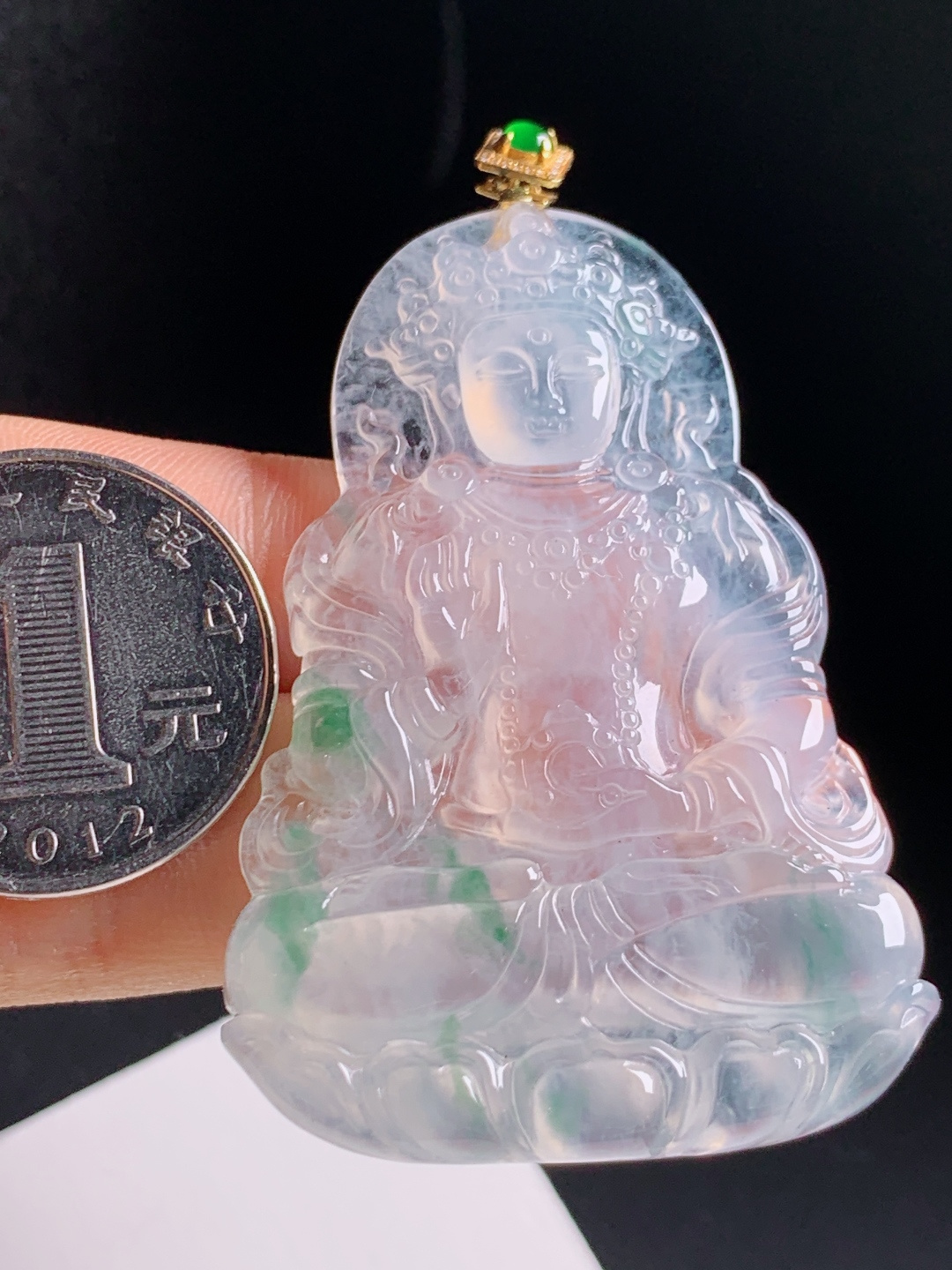 冰种飘绿度母，冰透起光18K金绿宝镶扣，飘翠灵动 190603