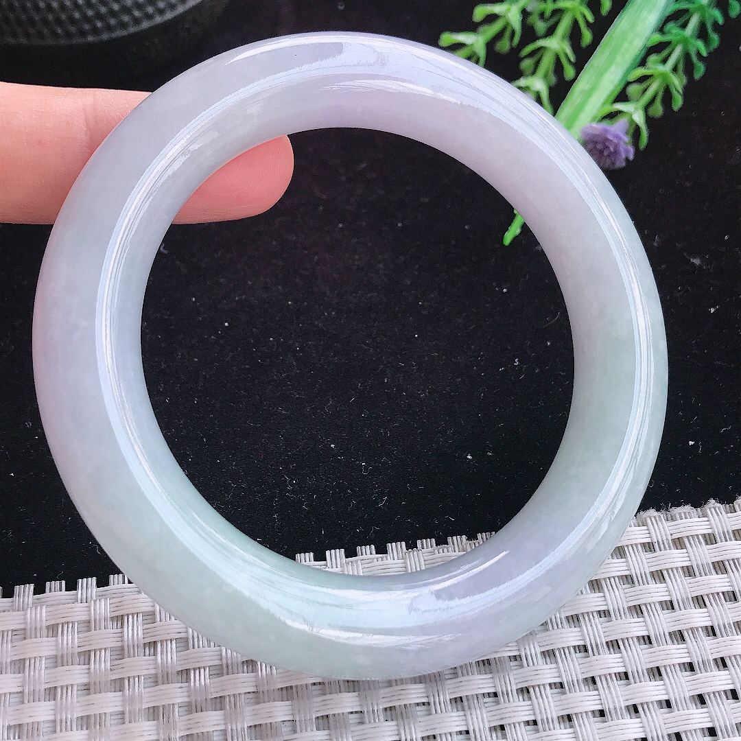 实拍A货翡翠57/12.2老坑冰润起胶紫罗兰圆条手镯玉手镯女款平安镯