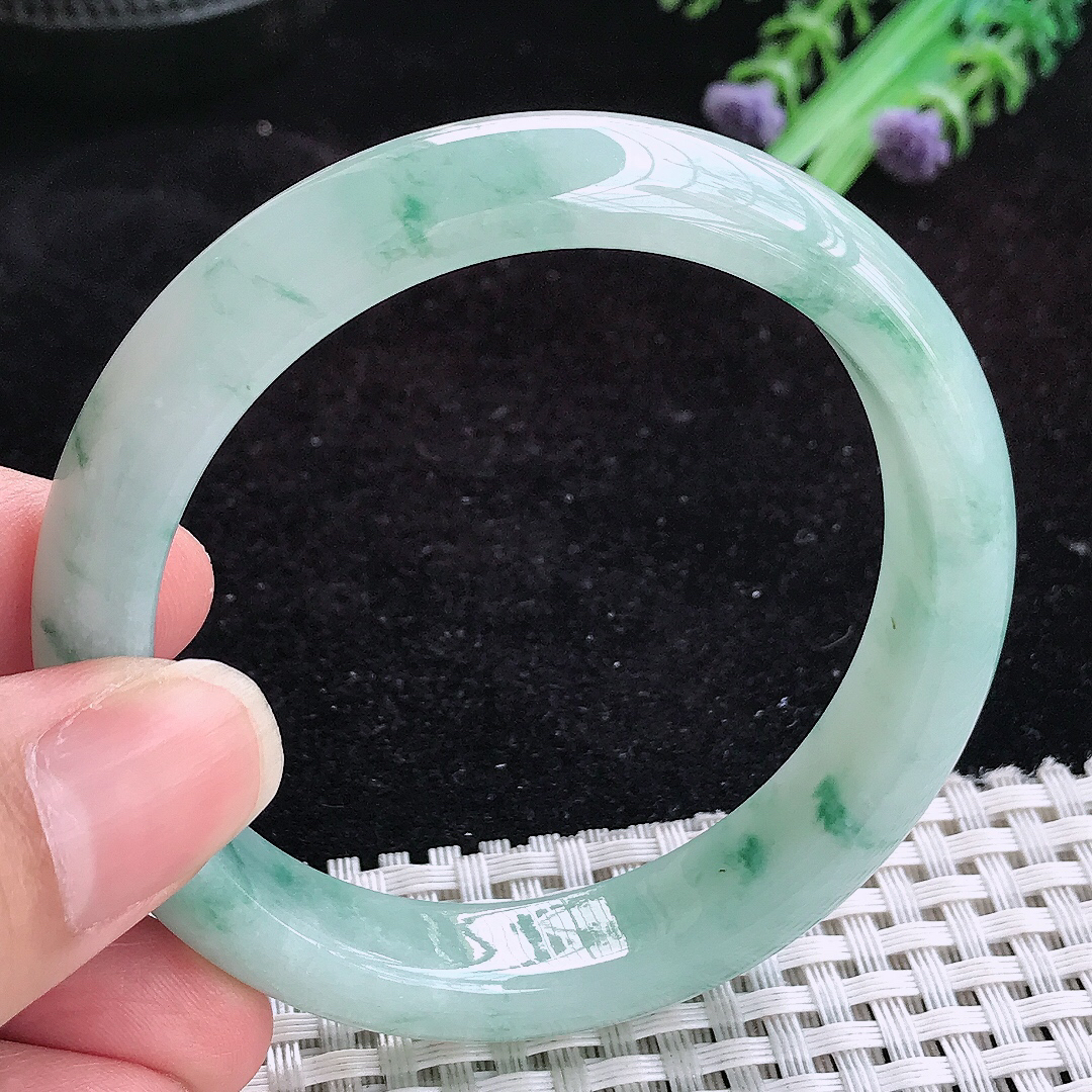 实拍A货翡翠54.5/12.1/7.8老坑冰胶飘花手镯玉手镯女款平安镯