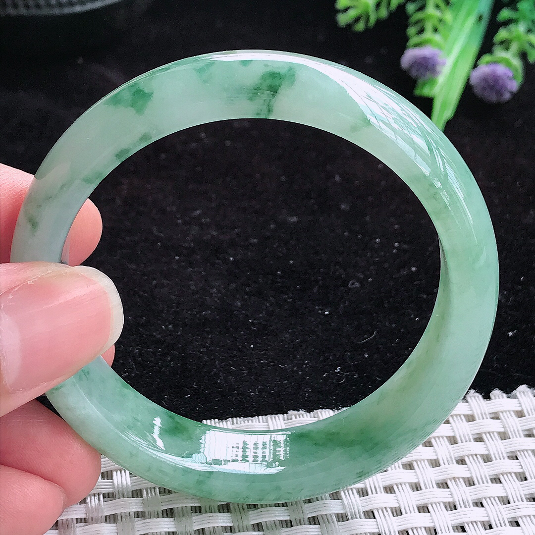 实拍A货翡翠52.5/13.5/7.5小圈口老坑冰胶飘绿花手镯玉手镯女款平安镯