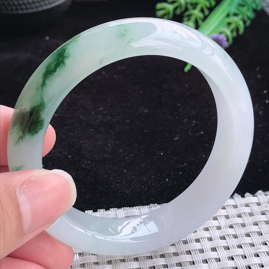 实拍A货翡翠55.5/13.8/8.8老坑精美冰飘花手镯玉手镯女款平安镯