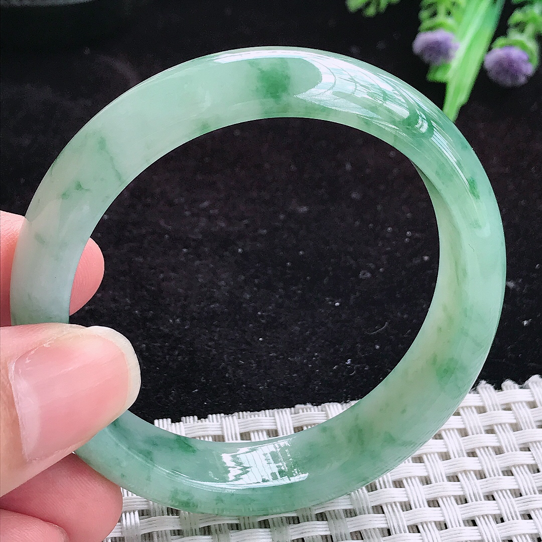 实拍A货翡翠52.5/13.5/7.5小圈口老坑冰胶飘绿花手镯玉手镯女款平安镯
