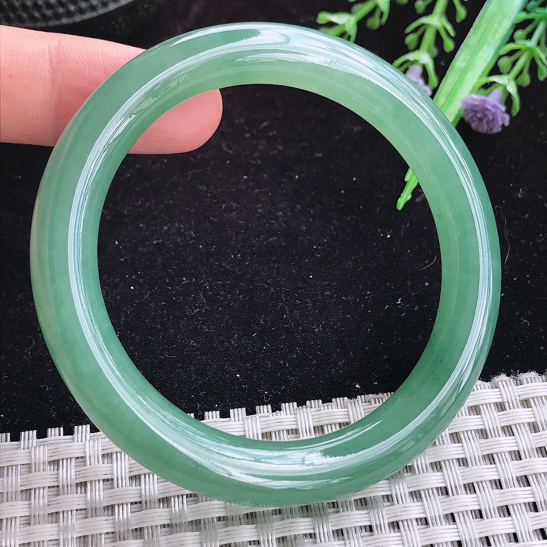 实拍A货翡翠54.5/9.1/9.2老坑冰胶果冻满绿圆条手镯玉手镯女款平安镯