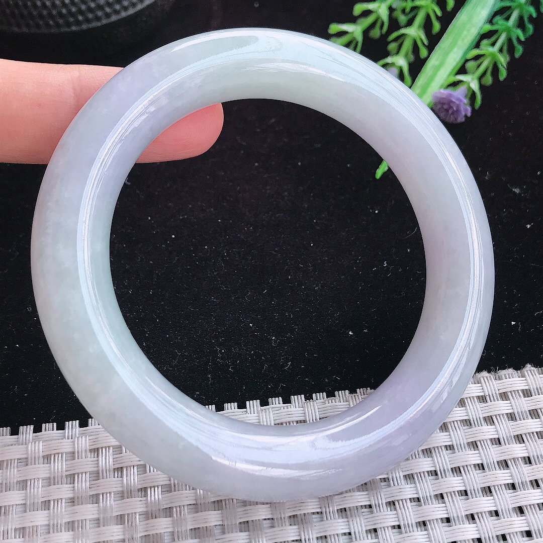 实拍A货翡翠57/12.2老坑冰润起胶紫罗兰圆条手镯玉手镯女款平安镯
