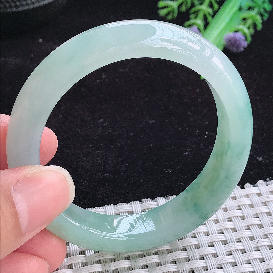 实拍A货翡翠51.5/12.2/8.2小圈口老坑冰胶飘花手镯蓝花女款平安镯