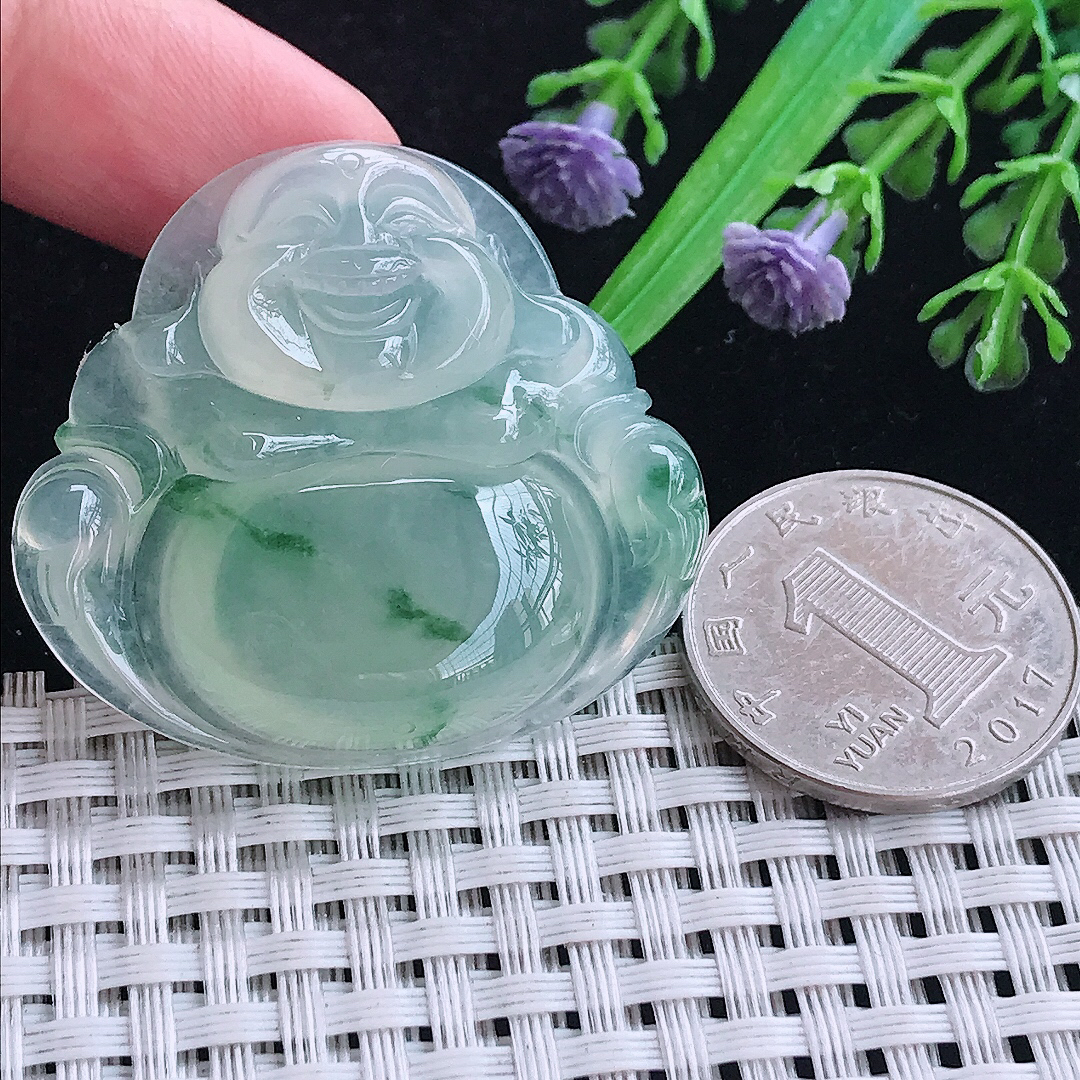 实拍A货翡翠38/41.5/8.1老坑冰种冰晴飘花佛公吊坠翡翠笑佛挂件大佛公
