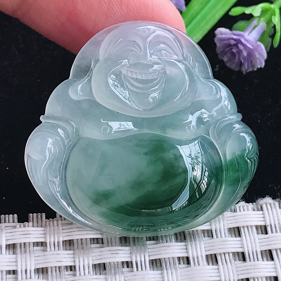 实拍A货翡翠32.2/34.9/6.3老坑冰果冻冰飘花佛公吊坠翡翠玉牌挂件