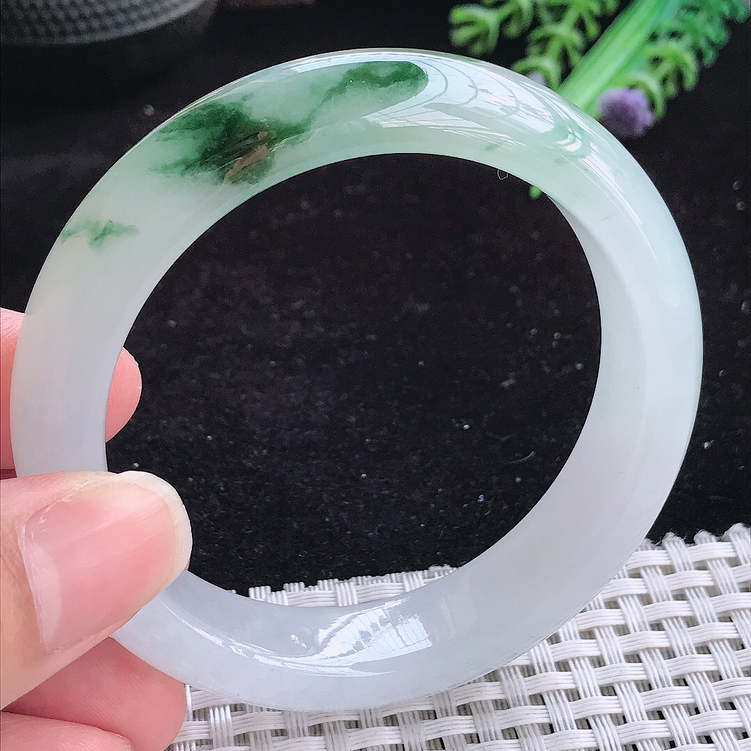 实拍A货翡翠55.5/13.8/8.8老坑精美冰飘花手镯玉手镯女款平安镯