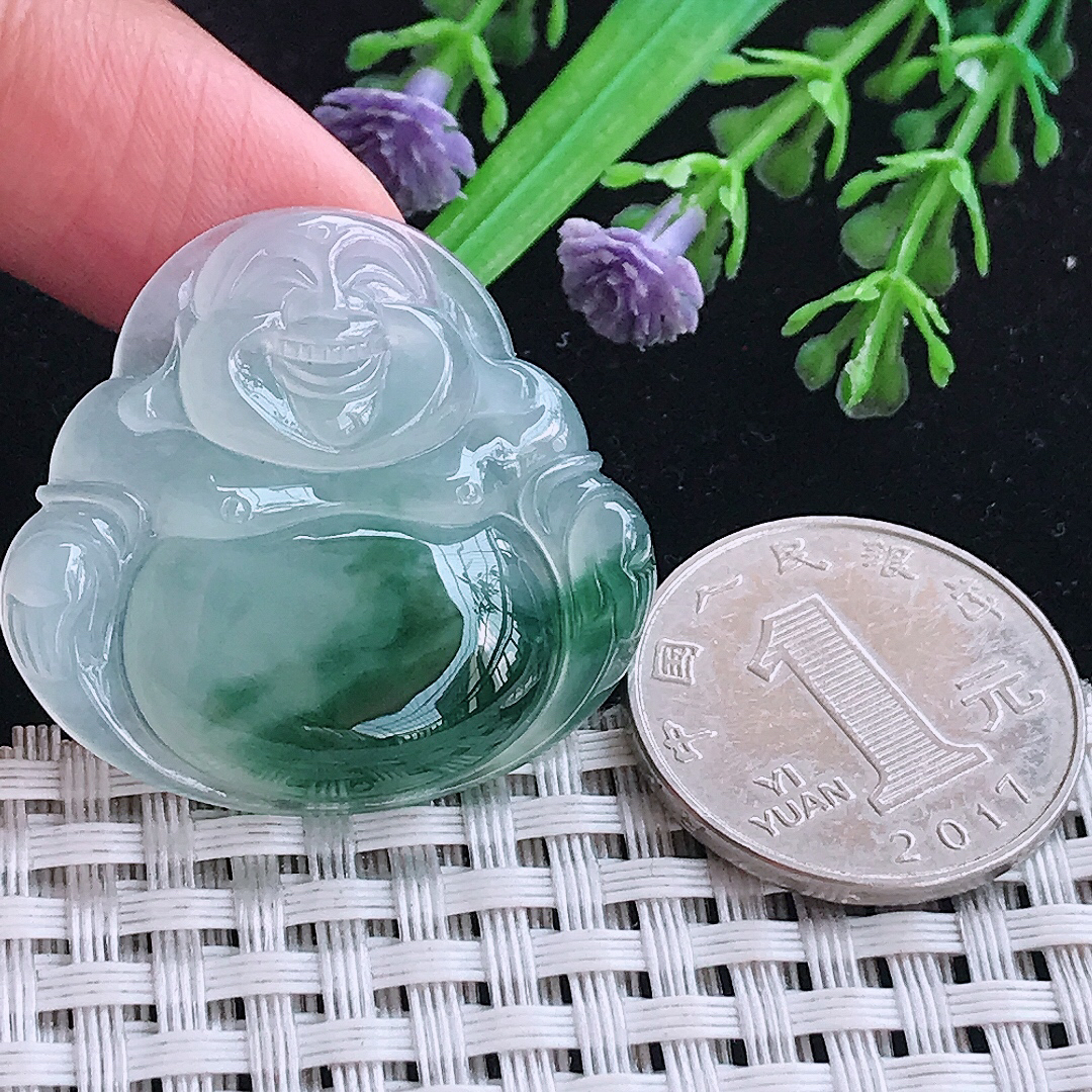 实拍A货翡翠32.2/34.9/6.3老坑冰果冻冰飘花佛公吊坠翡翠玉牌挂件
