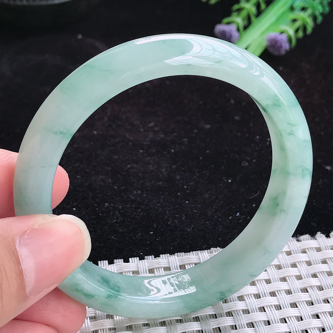 实拍A货翡翠54.5/12.1/7.8老坑冰胶飘花手镯玉手镯女款平安镯