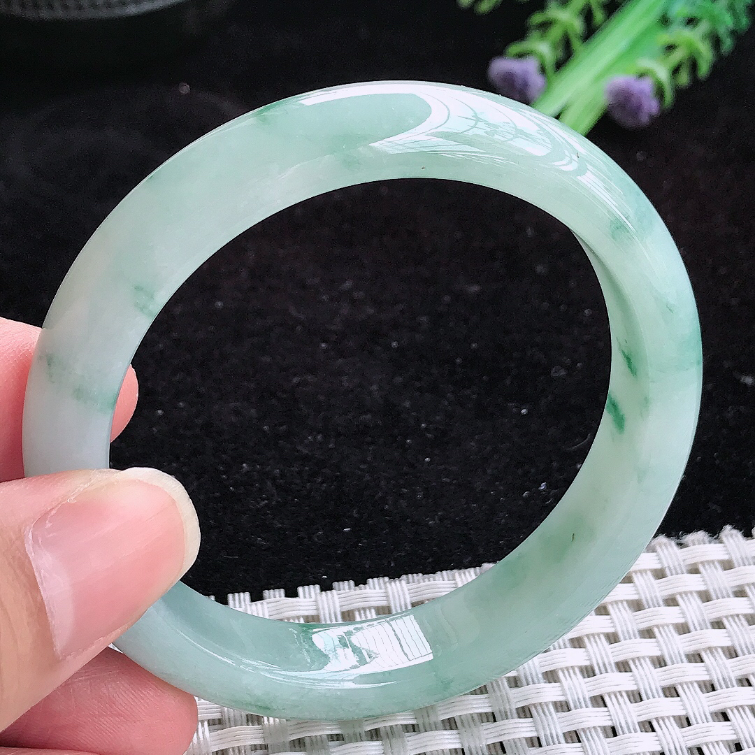 实拍A货翡翠54.5/12.1/7.8老坑冰胶飘花手镯玉手镯女款平安镯