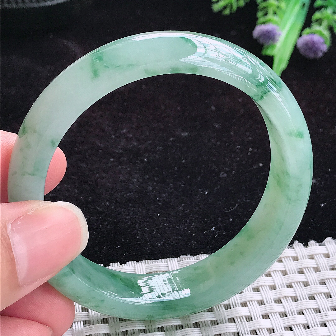 实拍A货翡翠52.5/13.5/7.5小圈口老坑冰胶飘绿花手镯玉手镯女款平安镯