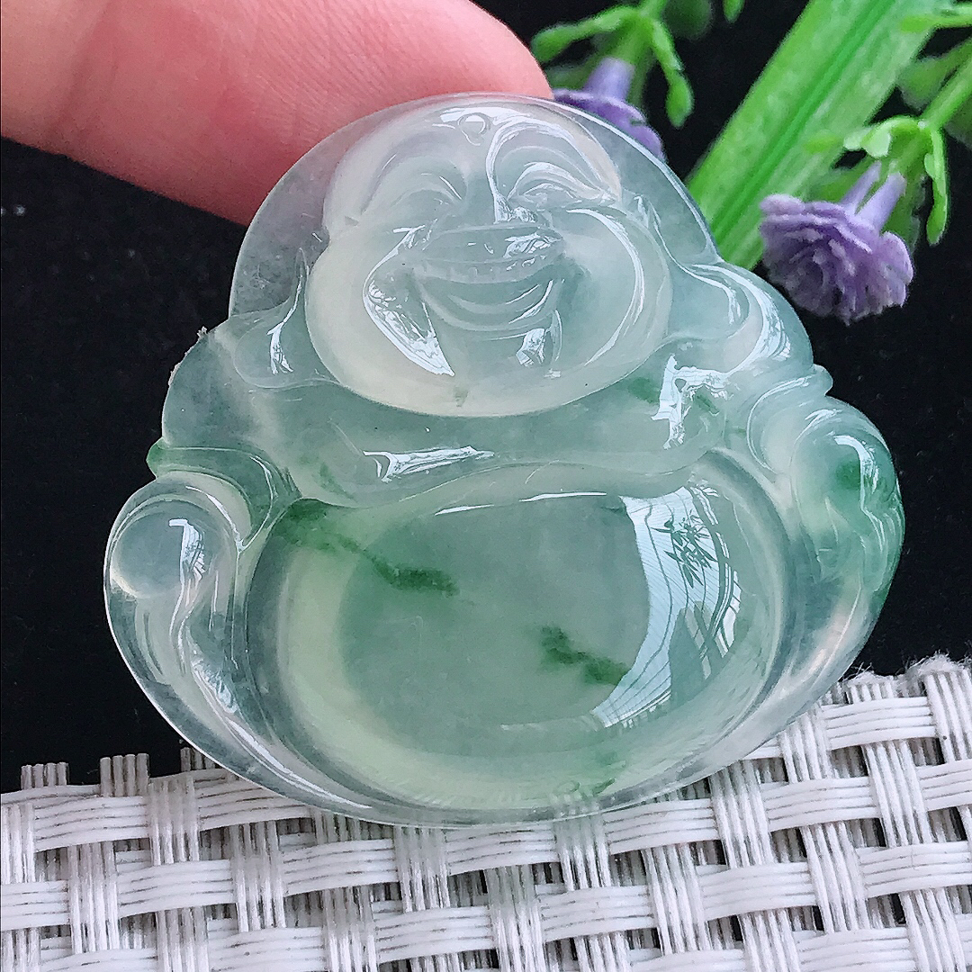 实拍A货翡翠38/41.5/8.1老坑冰种冰晴飘花佛公吊坠翡翠笑佛挂件大佛公