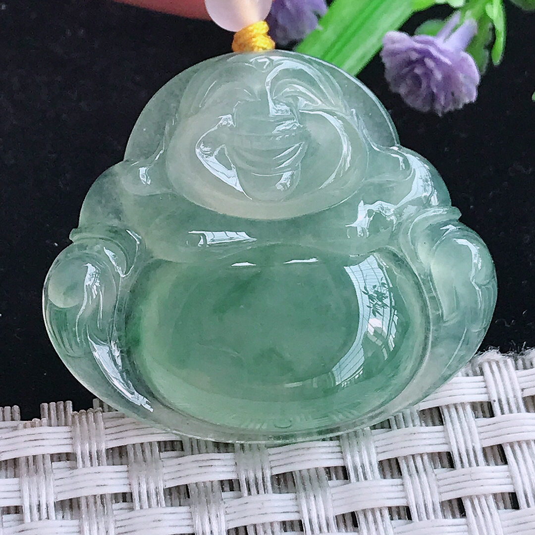 实拍A货翡翠31/35.7/6.7老坑冰种果冻胶冰晴满绿佛公吊坠翡翠玉佛挂件