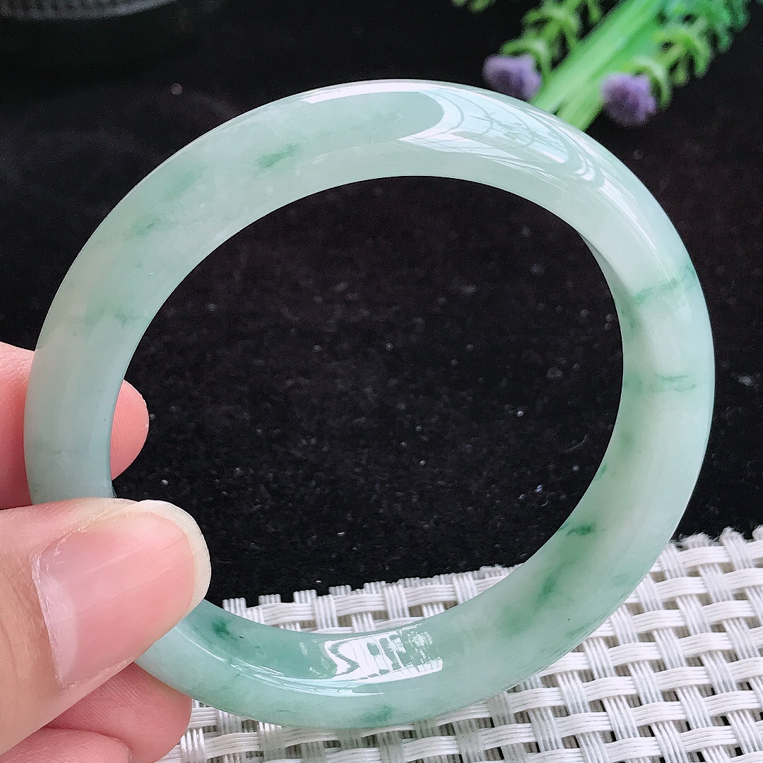 实拍A货翡翠54.5/12.1/7.8老坑冰胶飘花手镯玉手镯女款平安镯