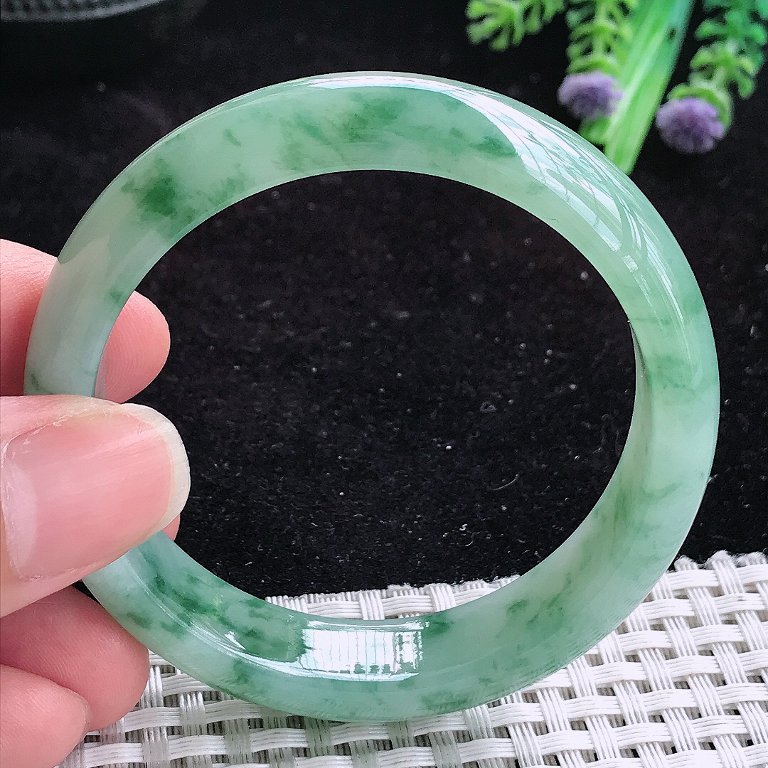 实拍A货翡翠52.5/13.5/7.5小圈口老坑冰胶飘绿花手镯玉手镯女款平安镯